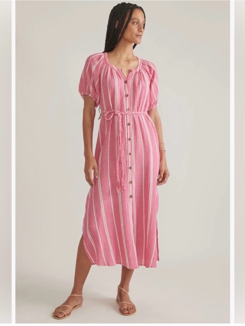 Pink Striped Button-Front Midi Dress